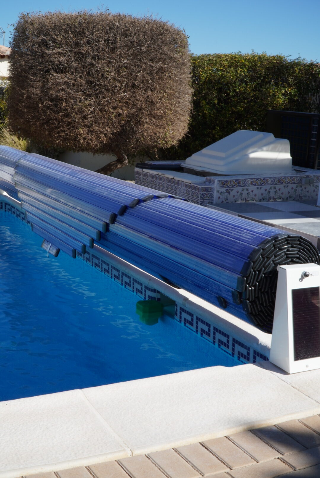 blue swimming pool slatted cover